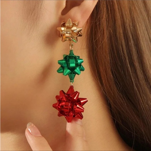 Holiday Red Green and Gold Metal Bow Earrings - Picture 2 of 2